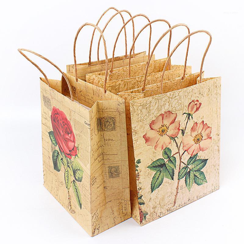 

3 Size Kraft paper bag Luxury Party Bags with Rose pattern Kraft Paper Gift Bag With Handles Recyclable Loot 100pcs/lot1