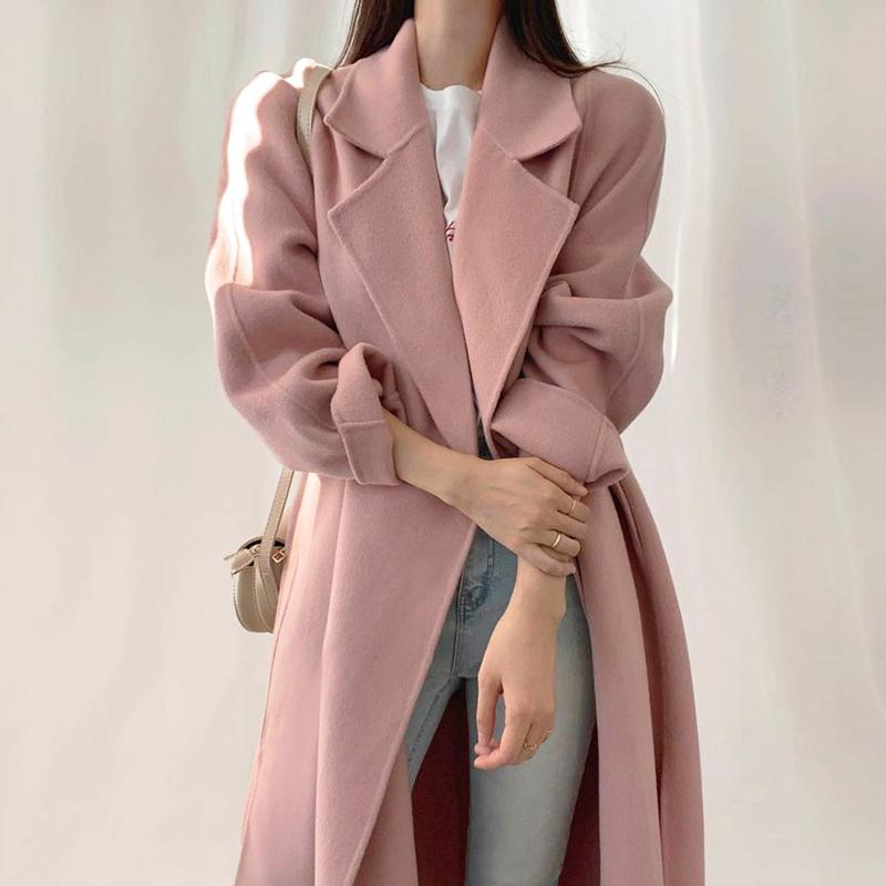 

Women Korean Style Elegant Long Wool Coat With Belt Solid Color Chic Outerwear Ladies Overcoat Autumn Winter, Pink