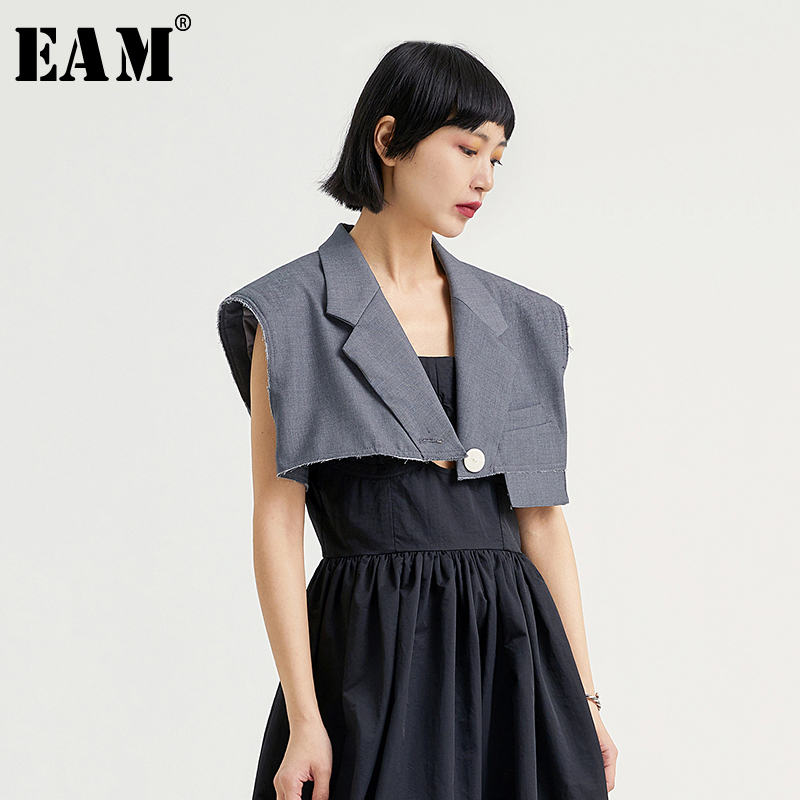 

[EAM] Women Loose Fit Gray Burr Split Joint Short Temperament Vest New Lapel Sleeveless Fashion Tide Spring Summer 1U598 210204, Smoky gray