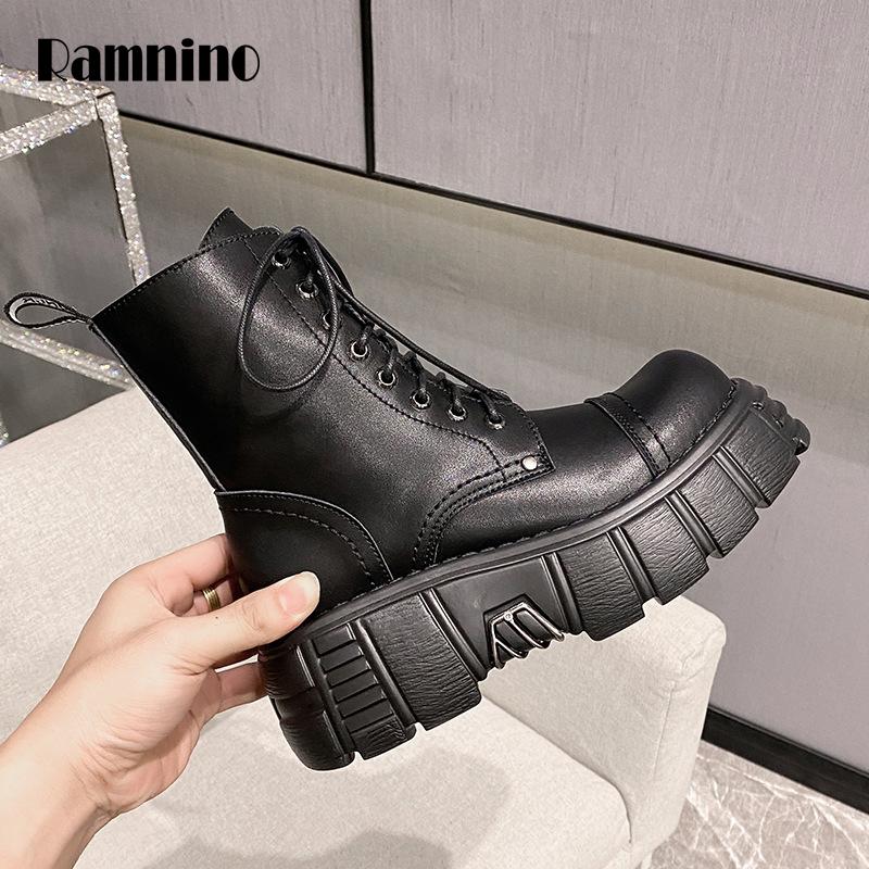 

Black PU Leather Ankle Boots Women Autumn Winter Round Toe Lace Up Shoes Chunky Platform Boots Woman Fashion Motorcycle Botas