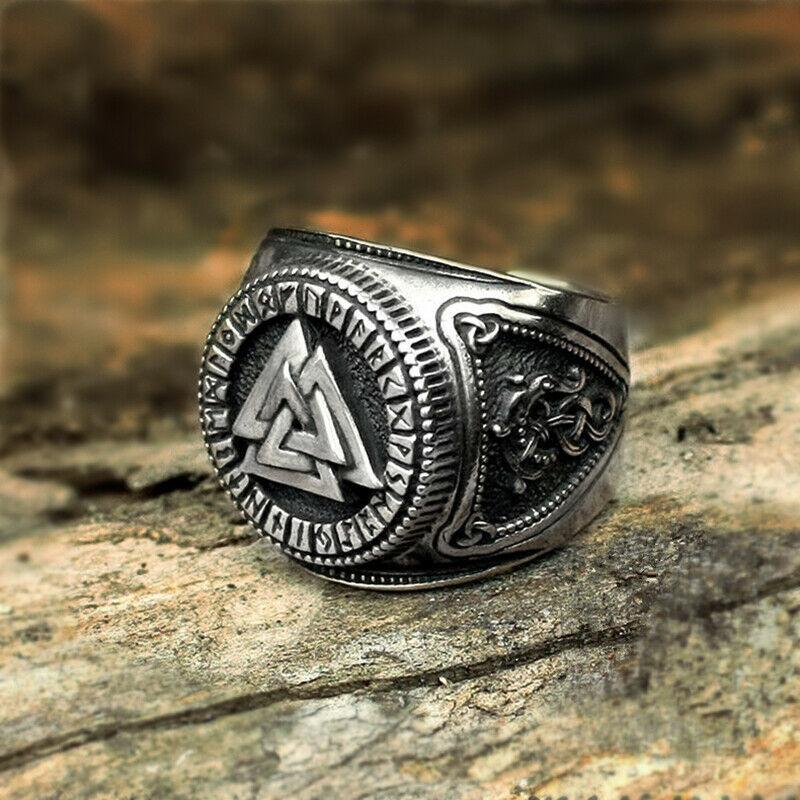 

Mens Viking Valknut Stainless Steel Ring Futhark Runes Compass Adjustable Ring Odin Nordic Amulet Jewelry