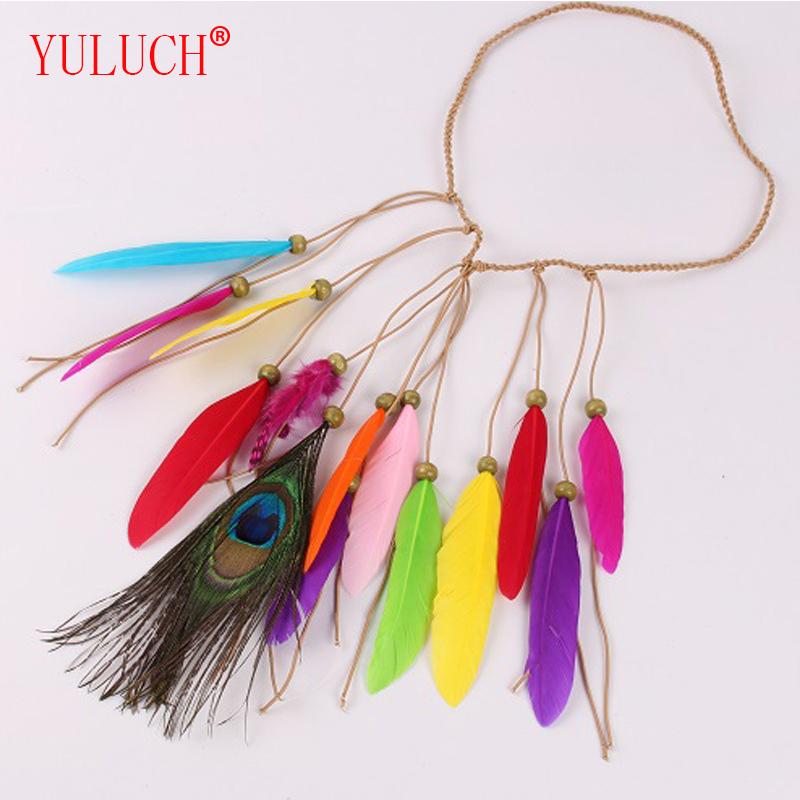 

YULUCH 2021 Fashion Ethnic Woman Kid Boho Chinese Hand Knit Rope Peacock Multi Color Feather Hair Band Jewelry Gift