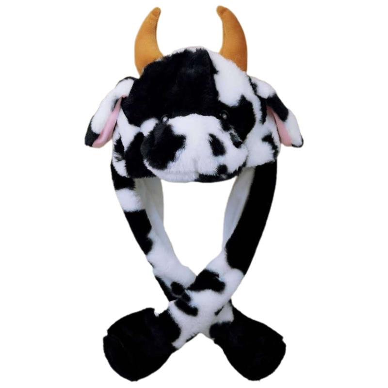 

Adult Kids Light Up Plush Animal Hat with Moving Jumping Ears Multicolor Cartoon Milk Cow LED Glowing Earflap Cap Stuffed 094B