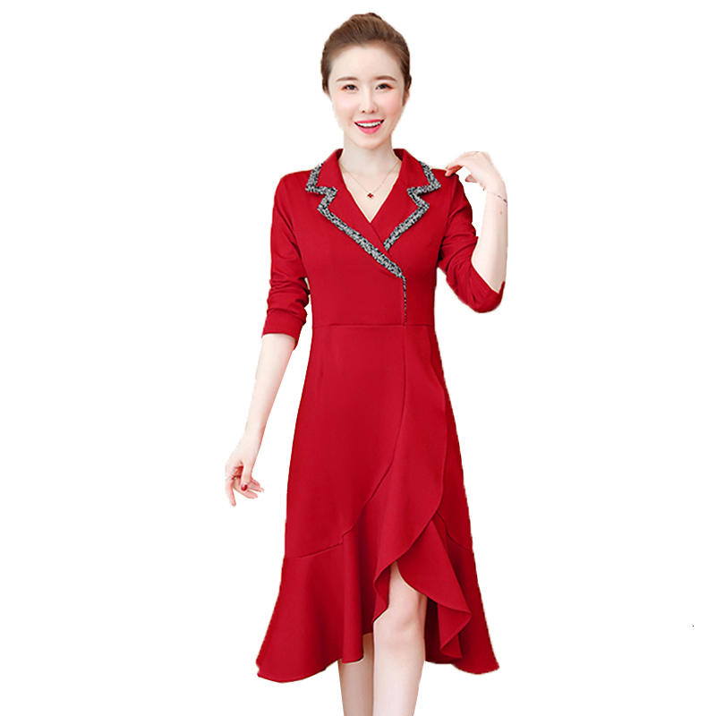 

Women of Lean Vintage Plus Size  Sleeves Long Solid Casual 2021 Female Autumn Dressed in Fashion Dress 04nm, Red