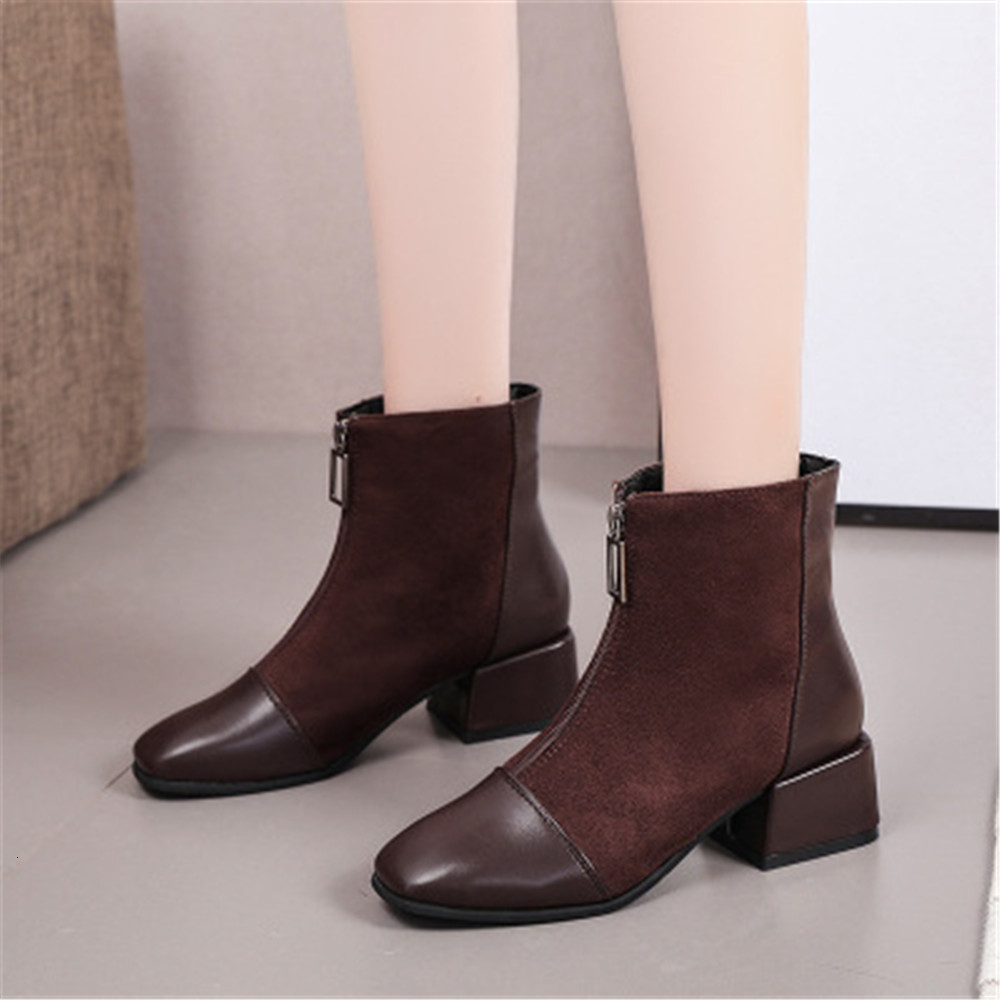 

New Autumn 2021 Female Fashion Leather Front Toe Square Woman Boots Mujer -42 KORK, Brown.