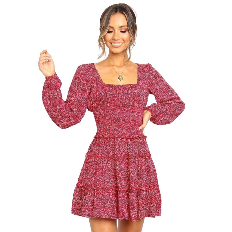 

2021 New Women Mini Autumn Winter Long Sleeve Elegant Ladies Flower Square Collar Es Party Red Black Clothes for Woman 874t