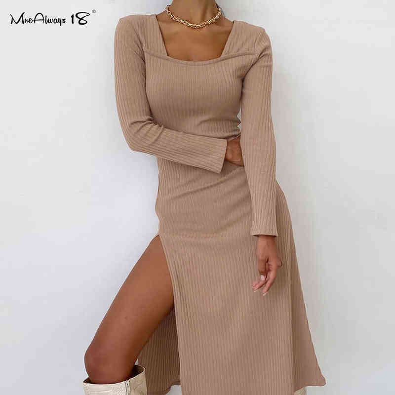 

Mnealways18 Split Sexy Solid Knitted Dress Long Sleeve Khaki Ribbed Casual Women Dresses Midi Autumn Winter Ladies Bodycon Dress G1223