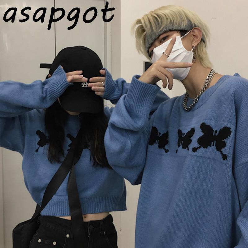 

Pullovers Knitwear Blue Butterfly Embroidery Couple Sweaters Fall Winter Loose Vintage Fashion Korean Chic White Tops Pull Femme, White short