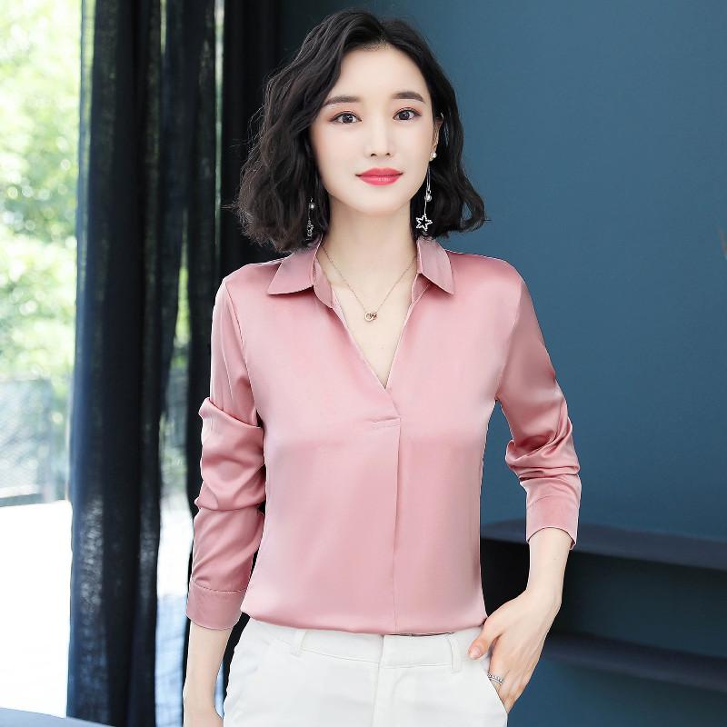 

Korean Fashion Silk Women Blouses Solid Office Lady Shirt and Blouse Autumn Shirts Plus Size Long Sleeve Womens Tops and Blouses, Gray