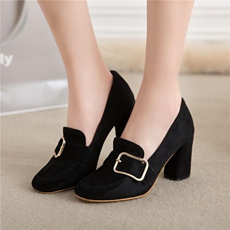 

Big Size 11 12 13 14 ladies high heels women shoes woman pumps Decoration of Round Head Metal Square Button with Rough High heel1, Black