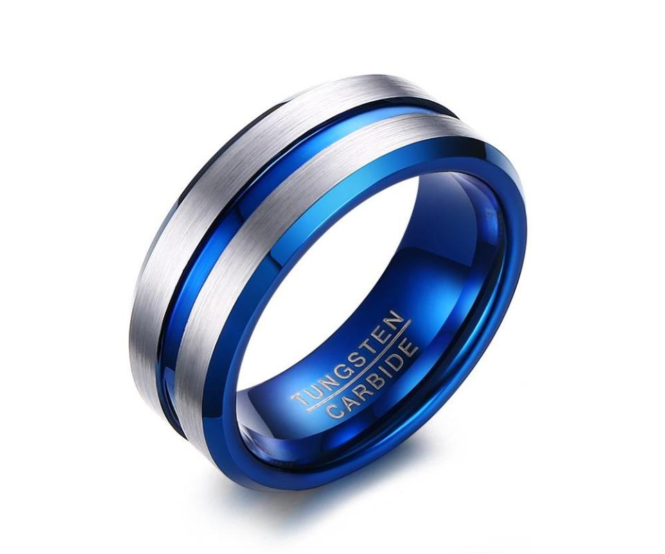 

POYA Blue Tungsten Ring Center Grooved 8mm Mens Wedding Band Beveled Edges Comfort Fit