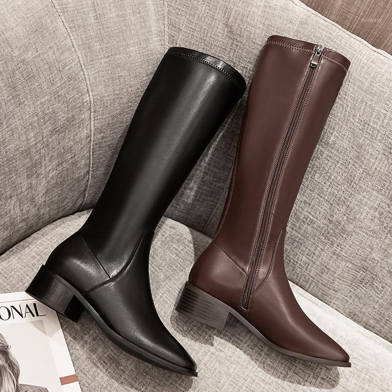 

The new 2020 high boots woman head dark brown leather thick with web celebrity ins and knee boots side zipper1, Black