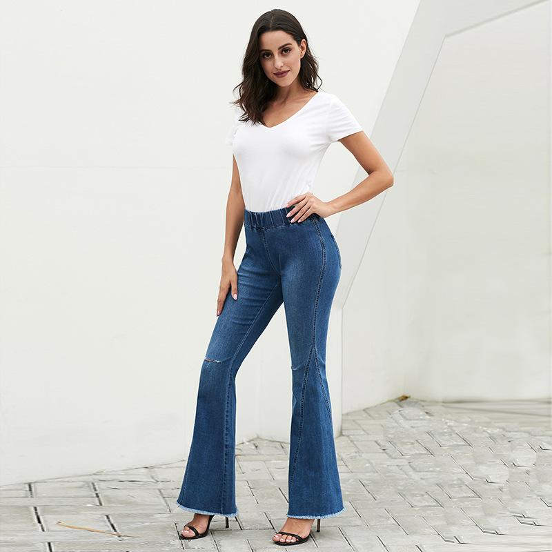 

2020 Winter New Arrival Woman Jeans Elegant Lady Flare Pants High Waist Elastic Waist Female Full Length Knee Hole Trousers Girl, Black