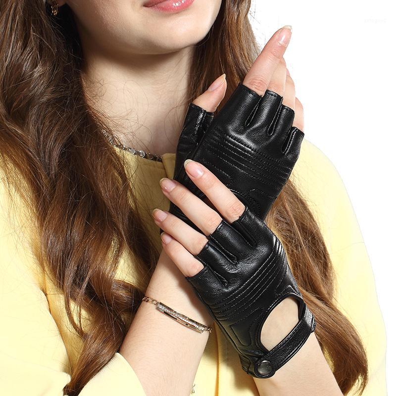 

Five Fingers Gloves Woman Real Leather Pography Motorcycle Driving Street Dance Half Finger Sheepskin Female Semi-Finger TE15391