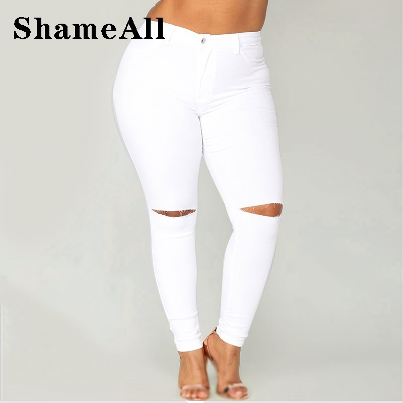 

Plus Size High Waist Ripped Knee White Jeans Women Basic Casual Stretch Skinny Pants L-5XL Denim Trousers Mom Jean Femme 210203