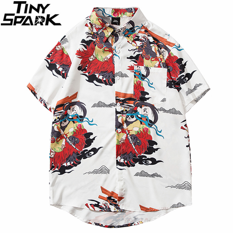 

Men Hawaiian Panda Samuri 2020 Hip Hop Streetwear Beach HipHop Tops Short Sleeve Summer Aloha Shirt, A22309 black