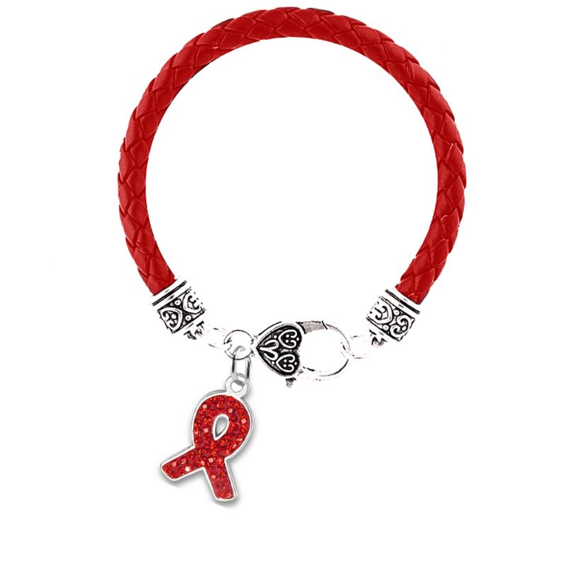 

New Design Metal Alloy Eco friendly Raise Disease Awareness Help Heighten AIDS And HIV Ribbon Pendant Red Leather Bracelets