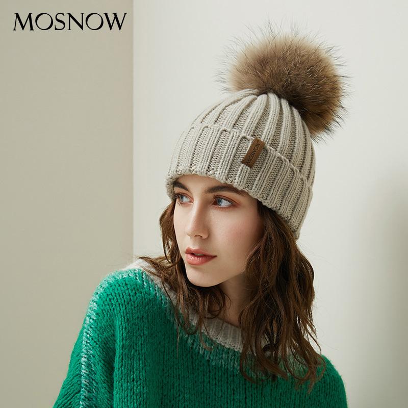 

Pom Poms Beanies Winter Hat Female For Women Knitted Cotton Thick Real Raccoon Fur Cap 2020 New Fashion Warm Beanie Hot Selling, White