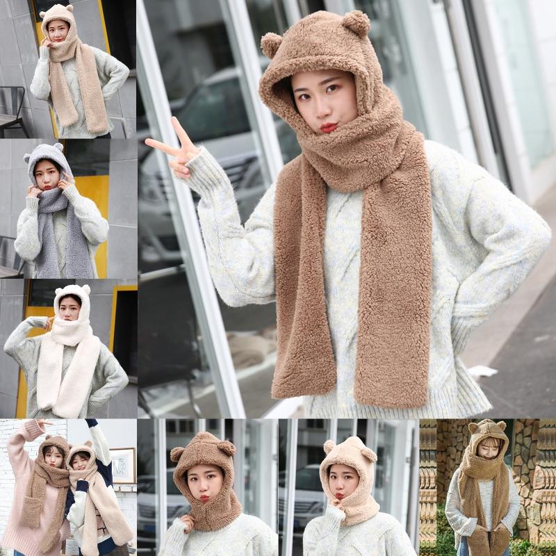 

Beanie/Skull Caps Women Winter One-Piece Hat Scarf 2021 Cute Bear Ears Hooded Earflap Cap Thicken Plush Solid Color Neck Warmer Party Po Pro