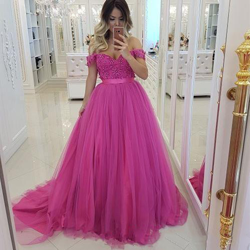 

Fuchsia Off Shoulder Lace Long Prom Dresses 2021 with Beads Sweep Train Tulle Formal Evening Party Gowns, Dark navy