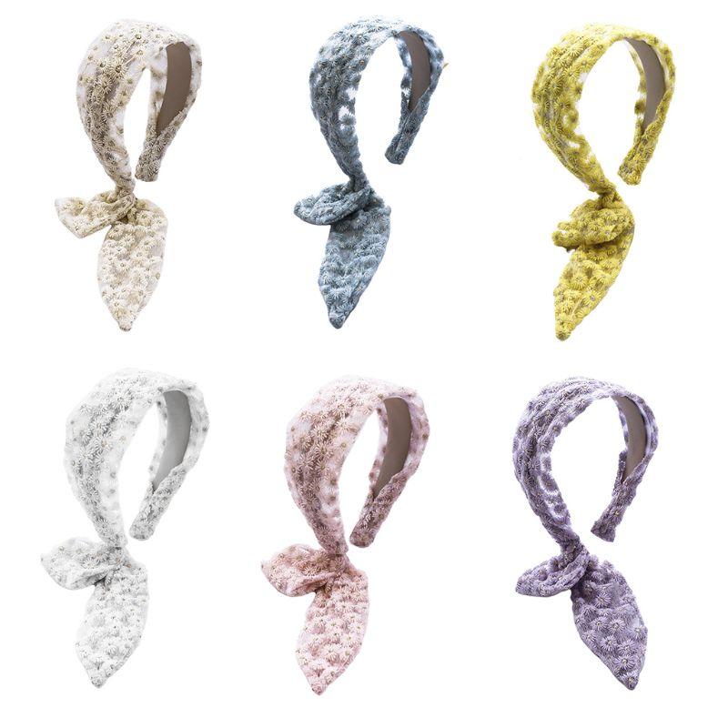 

Women Embroidery Daisy Hair Hoop Lace Ribbon Streamer Bow Styling Wide Bandana