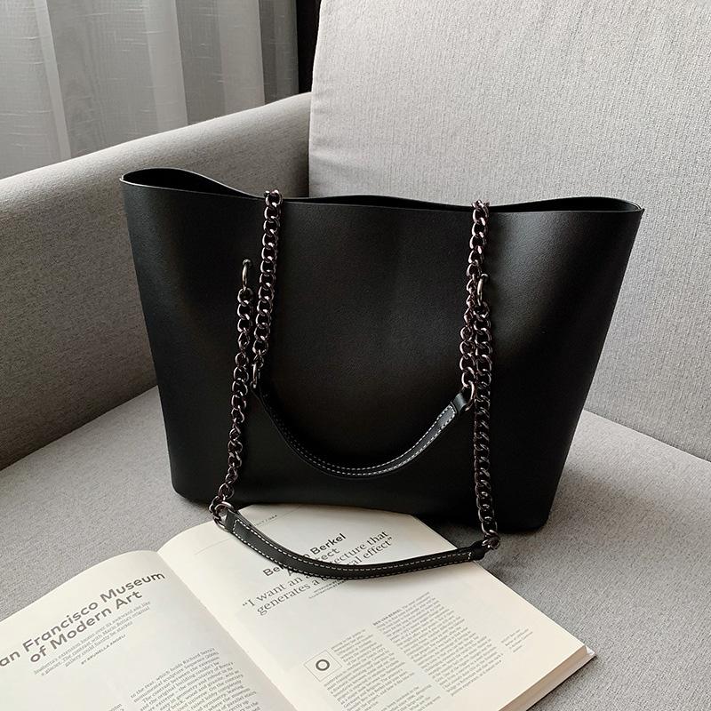 

Large Capacity Shoulder Bags For Women 2021 Quality PU Luxury Designer Chain Strap Handle Top Tote Travel Handbag Bolsos Grandes, Black
