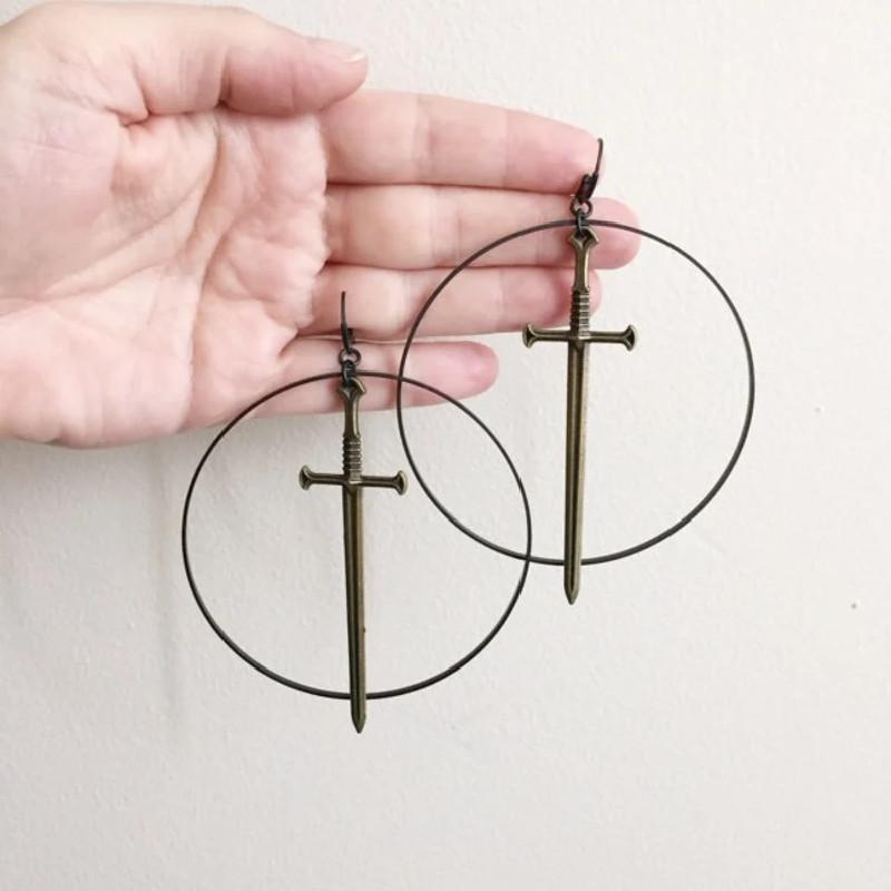 

Dangle & Chandelier Gothic Excalibur Statement Earrings Bronze Version Ring Sword Original Eardrop Big Punk Mystical Jewellery Women Gift