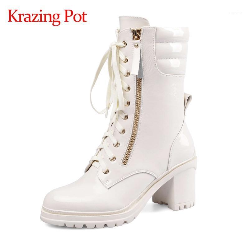 

Krazing Pot patent leather round toe high heel winter keep warm young lady mature elegant French romantic mid-calf boots L3f21, Beige
