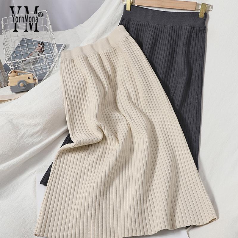 

YornMona 2020 Women Casual All Match Autumn Knitted Skirts Ladies Elastic High Waist Midi Long A-line Skirts Female Bottoms, Beige