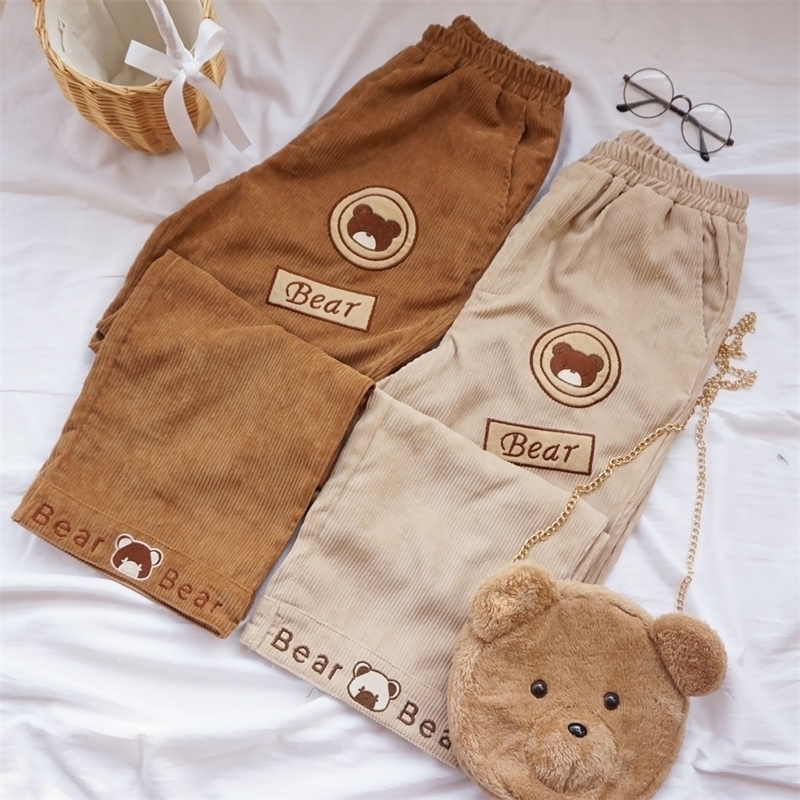 

Japanese Autumn Fashoin Preppy Style Women Pants Cartoon Bear Embroidery Corduroy Pants Students Girls Straight casual pants 201118, Dark khaki