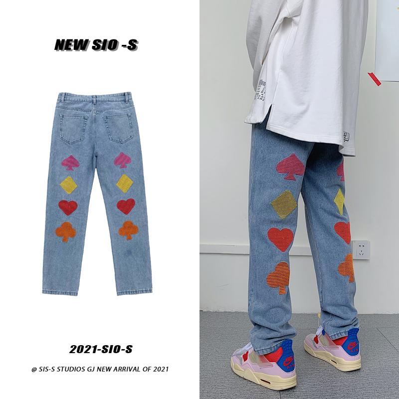 

Men's Graphic Graphic Printed Embroidery Jeans 2021 Woman Korean Streetwear Straight Denim Pants Male Casual Oversize Jeans, Blue