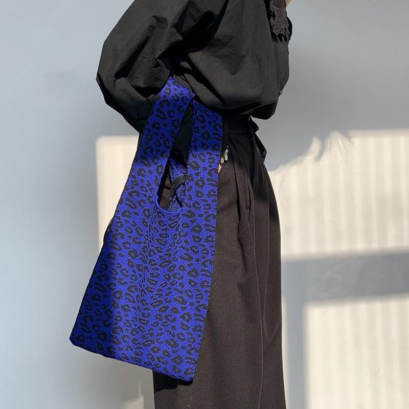 

Evening Bags Women Knitted Shoulder Leopard Japanese Style Color Number Pattern Tote Casual Weave Handbag Female Shopping Bag With Strap
