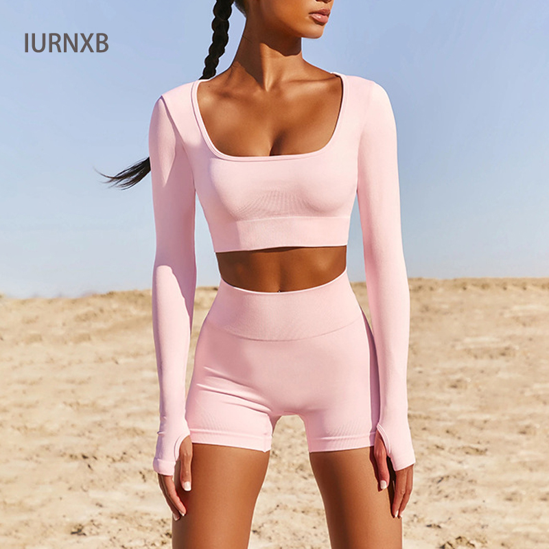 

2020 Yoga Set Women 2Piece Long Sleeve Crop Top T-Shirt Leggings Summer Run Workout Gym Suit Sets, Blue