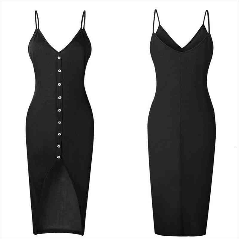 

Fashion Causal Solid Women Bodycon Slim Sleeveless V-neck Party Cocktail Pencil Midi Dress Button Front Summer Clothes, Black;gray