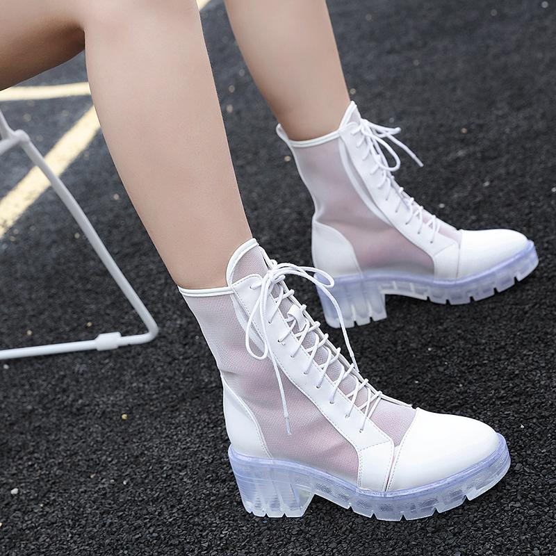 

Botines Mujer 2020 Black White PVC Jelly Shoes Perspex Low Heel Clear Booties Women Sexy Crystal Transparent Boots YMB250