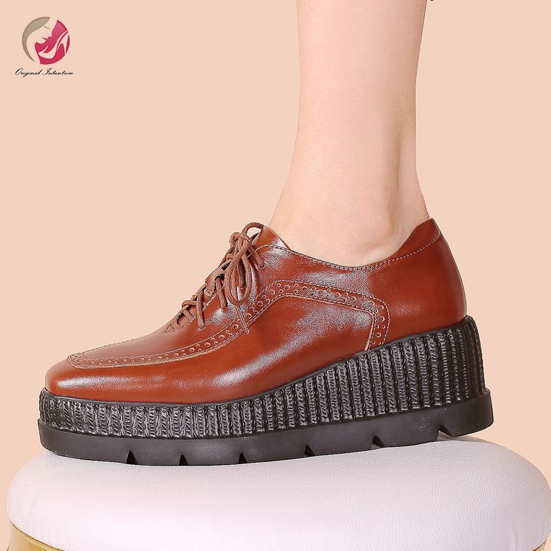 

Original Intention Real Leather High Quality Platform Shoes Woman Lace-up Round Toe Brown Blue Commuting High Heels Shoes Woman, Ef7664 blue