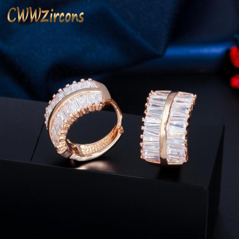 

CWWZircons Designer Geometric Cubic Zirconia Crystal 585 Gold Small Huggie Hoop Earrings for Ladies Chic Fine Jewelry Gift CZ797
