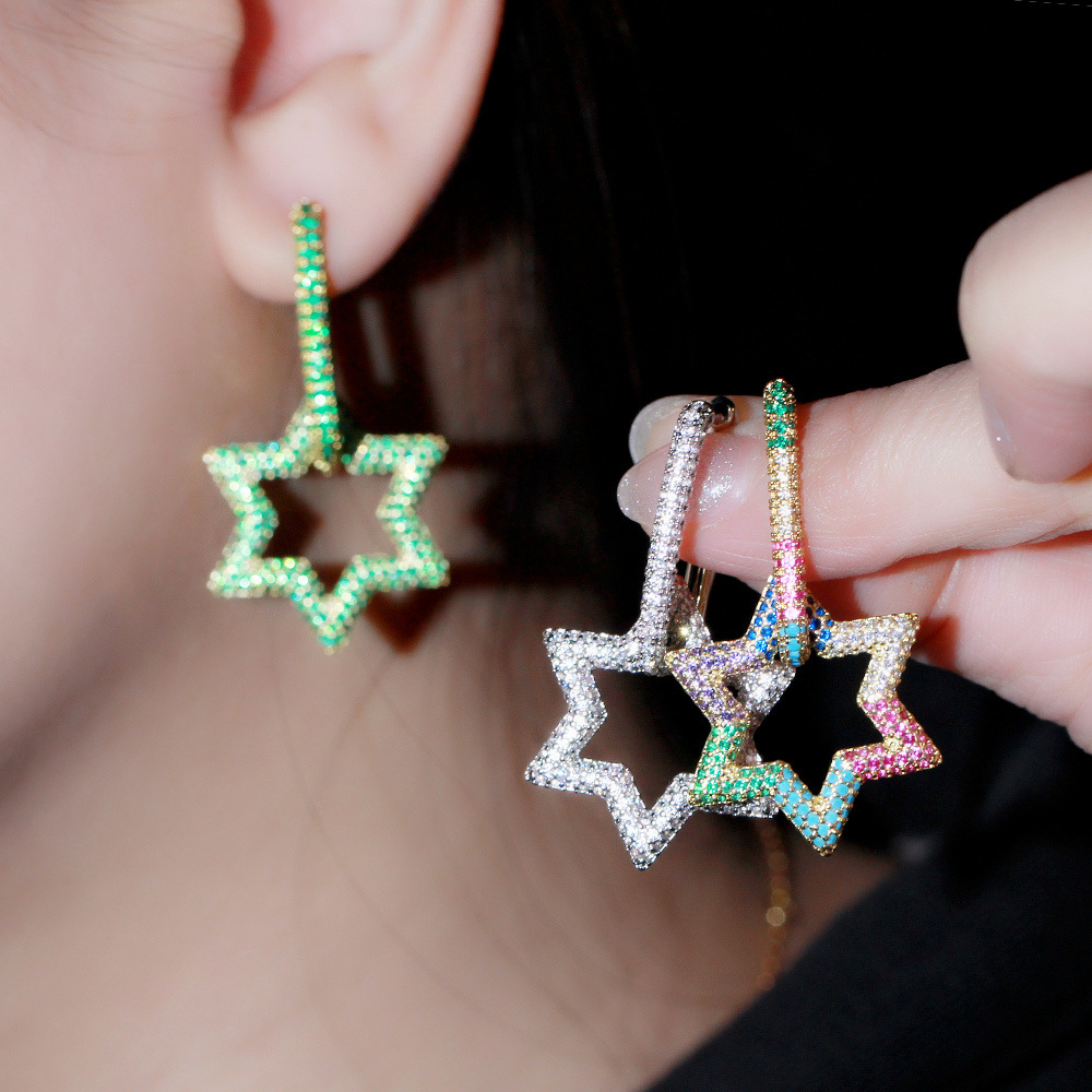 

Shining Bling Full Colorful Zircon Hexagonal Dangle Drop Earrings Real Gold Plated Star Earring Jewelry No Fading