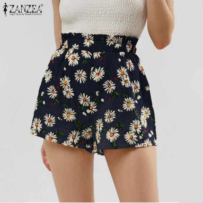 

ZANZEA Women Bohemian Floral Printed Shorts Summer Shorts Casual Elastic Waist Loose Trousers Hot Plus Size, White