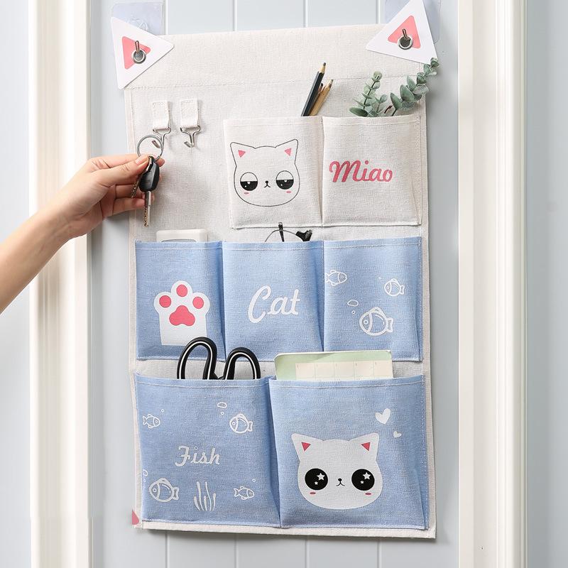 

7 Pockets with Hook Storage Bag/Hanging 3 Pockets Organizer Cotton Linen Closet Wall Mounted Wardrobe Cosmetic Jewelry Container, Blue 3pockets bag