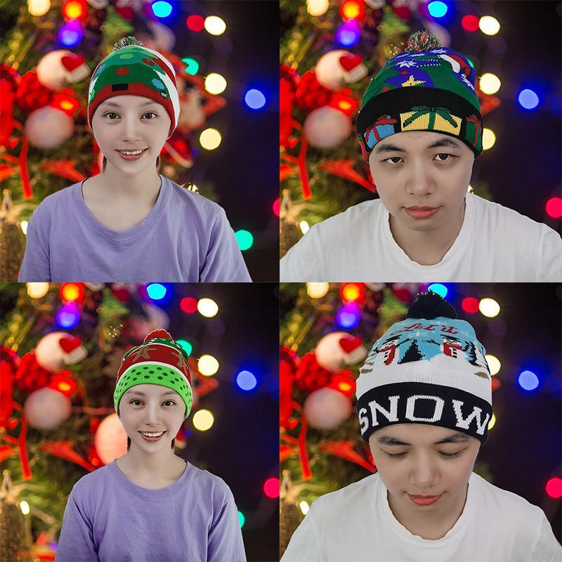 

Cartoon Led Christmas Hats Cotton Knitted Pom Light Xmas Beanies Crochet Winter Deer Elk decoration for
