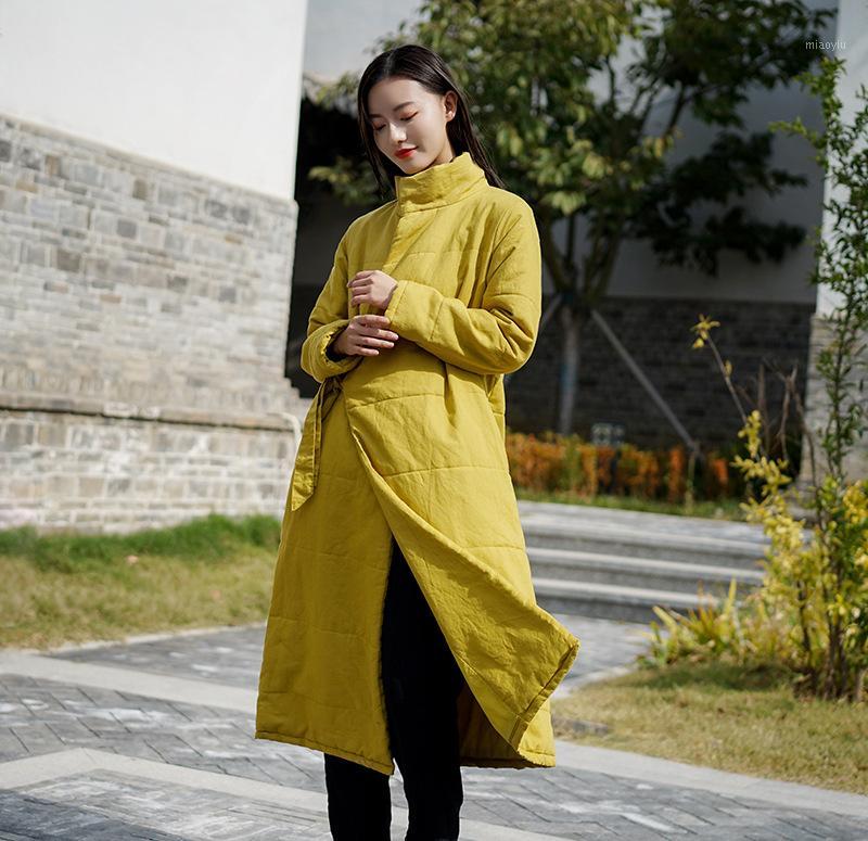 

Women's Down & Parkas Women Winter Solid Color Padded Coat Long Outerwear Ladies Cotton Linen Overcoat Female 2021 Vintage Topcoat1, Black