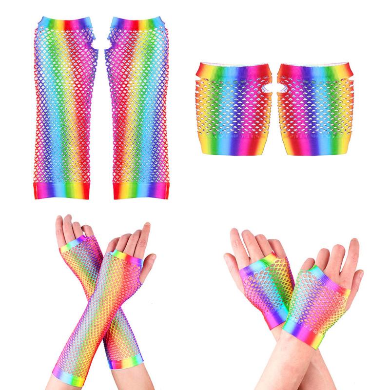 

Ladies Sexy Hollow Out Holes Fingerless Gloves Rainbow Color Mesh Net Fishnet Gloves Lady Disco Dance Costume Half Mittens