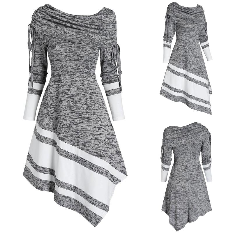 

Striped Cinched Cowl Neck Asymmetri Long Foldover Collar Tunic Top Blouse Tops Sweater dress female sweater women 2021 Sweaters, Gray