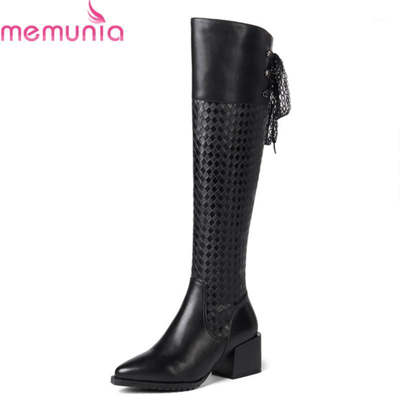 

MEMUNIA 2020 Winter genuine leather knee high boots fashion pointed toe high heels boots keep warm ladies shoes big size 34-421, Black