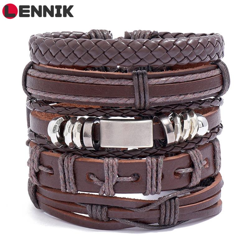 

Charm Bracelets LENNIK 5pcs/set Vintage Men's Leather Bracelet Hip Hop Multilayer Braided Men Pulseira Masculina Jewelry A82