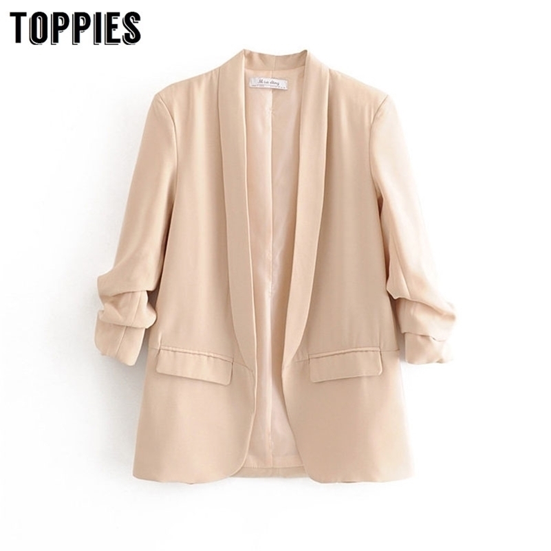 

Spring Summer Thin Jacket Women Suits Solid Color Long Blazer Office Ladies Cardigan Coat Three Quarter Sleeve 201114, Sky blue