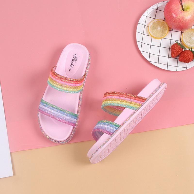

Rainbow Bling Slippers For Girls Summer Non-slip Soft Beach Ladies Slides Flats Home Women Slipper Outdoor Footwear Sandal1, White