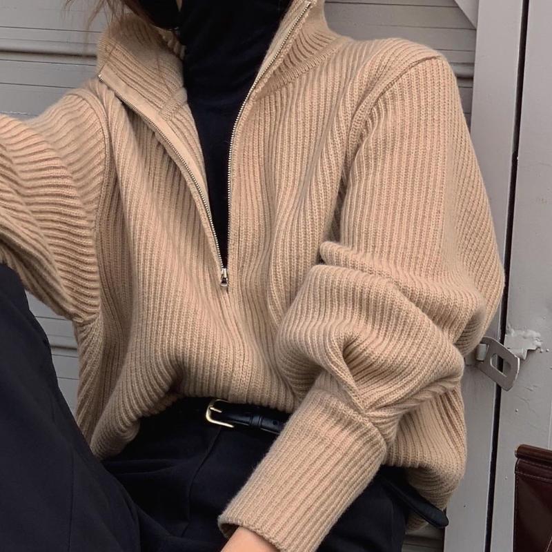 

Women Zipper Cardigan Sweater Stand Collar Puff Sleeve Loose Gray Khaki Knitted Solid Chic High Street Autumn Spring