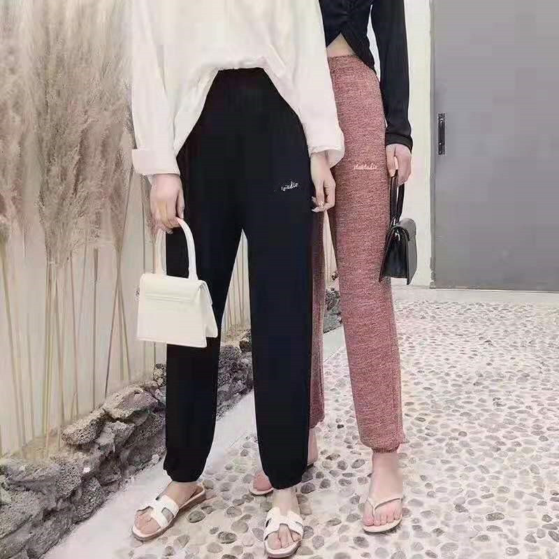 

2021 New Women Thin Lady Knit Pant Letter Embroidery Spring Summer Elastic Waist Trousers Femme Home Wear Clothes Y8t9, Dark grey
